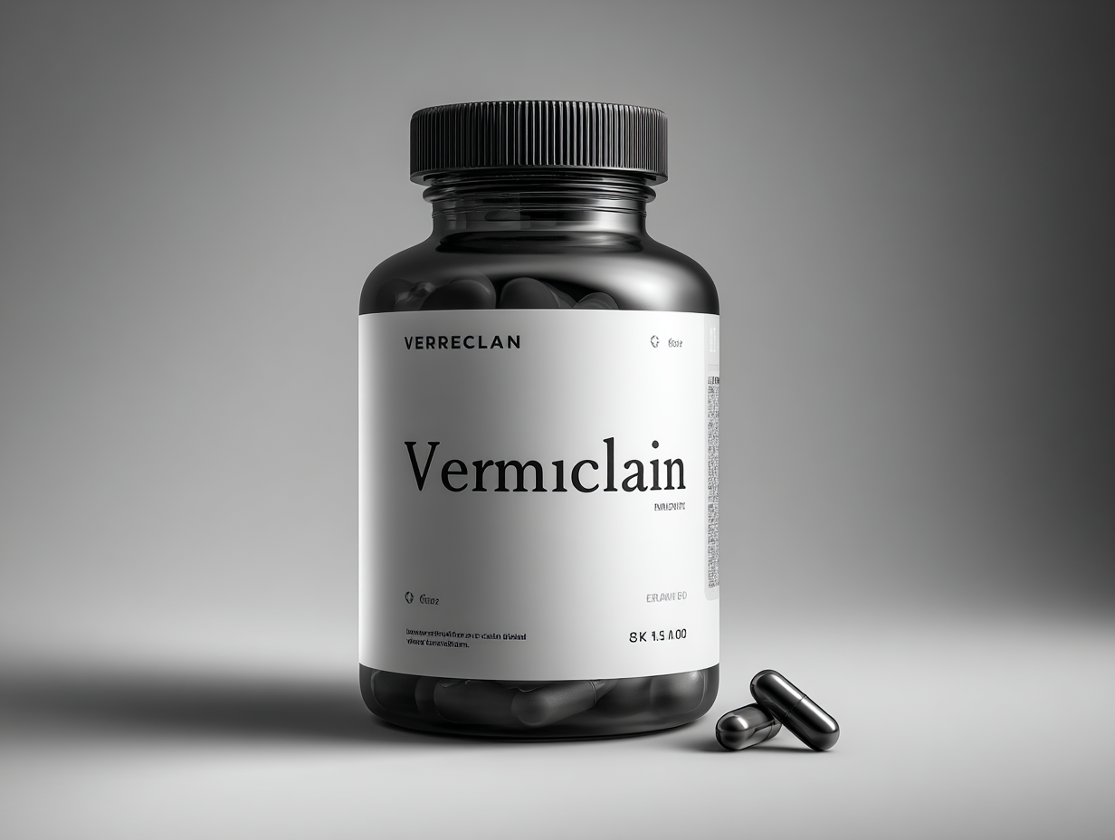 Vermiclain természetes parazitatisztító kapszulák csomagolása semleges háttéren, zöld színű dobozban 60 kapszulával